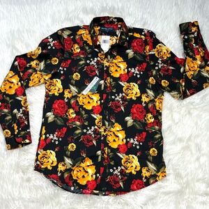 Paisley & Gray Slim Fit Tab Collar Black All Over Print Roses Club Shirt